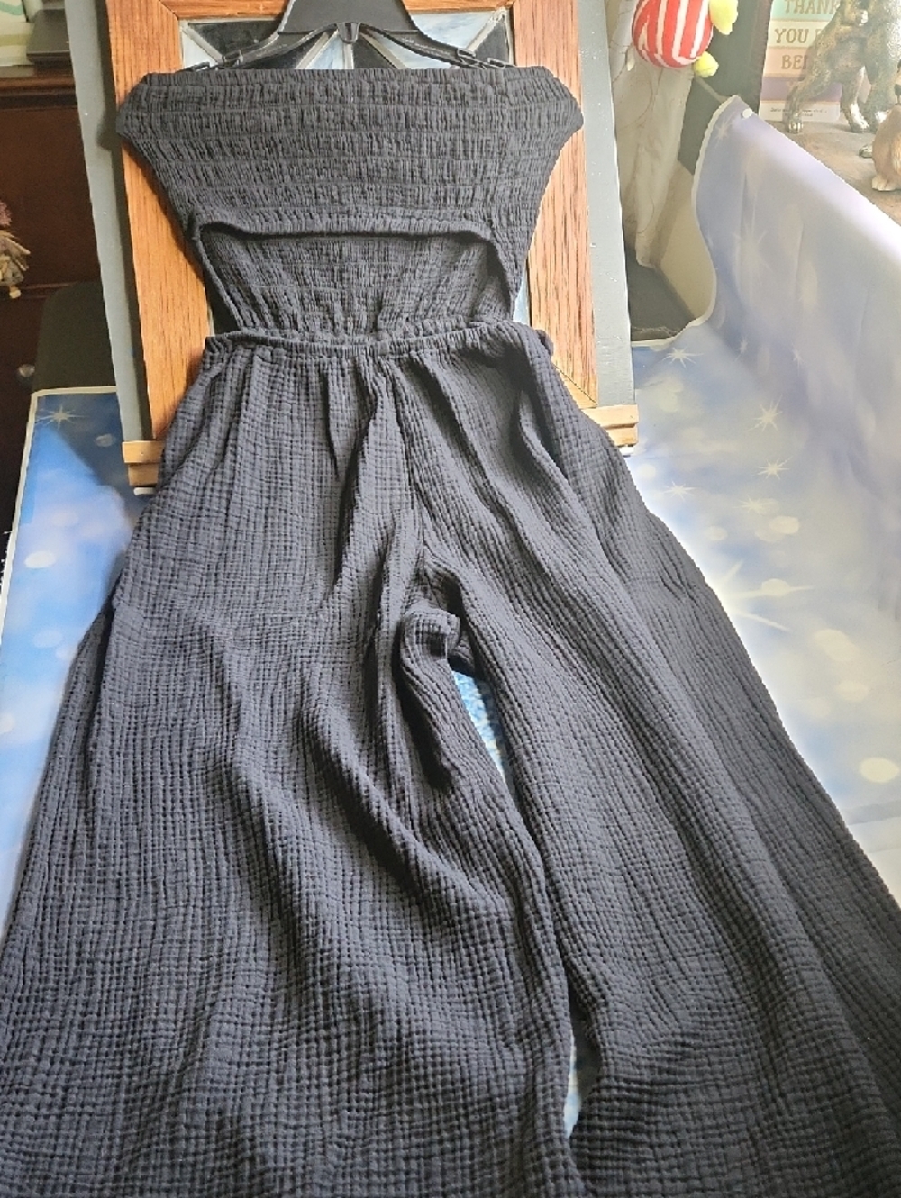 aerie Black Strapless Wide-Leg Smocked Jumpsuit With Opening In Back - Picture 8 of 9
